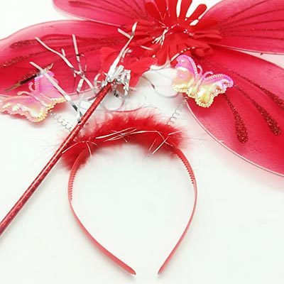 Girls Red Fairy Wings Head band and Wand For Party