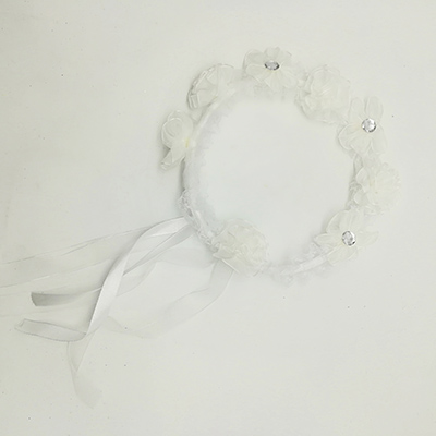 Girls White Headband With Ribbon And Flower Decoration